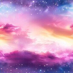 Obraz premium A vibrant cosmic sky with swirling clouds, transitioning hues of pink, purple, and blue, scattered with twinkling stars.
