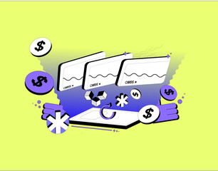 Naklejka premium Illustration vector of digital financing through an app. Financing illustration design with currency coins and cards.