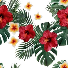 Fototapete Rund A vibrant arrangement of red hibiscus and yellow plumeria flowers surrounded by lush green tropical leaves on a light background. © DuangphonKPR