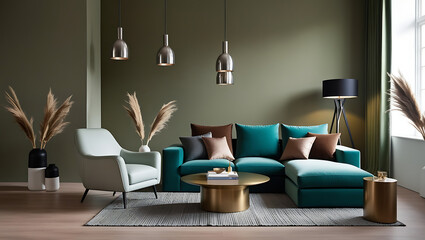 Obraz premium Modern luxury interiors designs. Empty painted wall.dark accent furniture and blank background.Bedroom interior trend 2024 year Modern luxury apricot room interior home designs