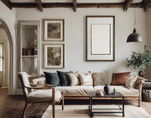 Cozy living room featuring neutral tones and natural textures in a stylish, rustic setting
