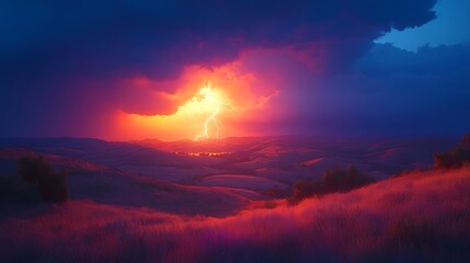 Obraz premium A vivid scene of a powerful lightning bolt striking the ground over a hilly terrain, with the glowing clouds casting shadows and light on the rolling hills. The landscape is illuminated brightly,