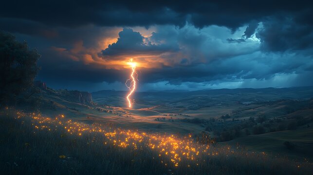 A vivid scene of a powerful lightning bolt striking the ground over a hilly terrain, with the glowing clouds casting shadows and light on the rolling hills. The landscape is illuminated brightly,