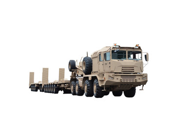 Fototapeta premium Heavy Equipment Transporter System trailers for Army. Heavy Truck Trailer. Heavy Expanded Mobility Tactical Truck. Tactical Truck for Logistics Vehicle. Heavy tank transporter isolated on white.