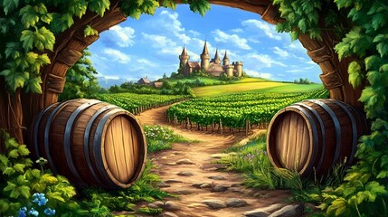 A view of a castle through a vineyard with two barrels.