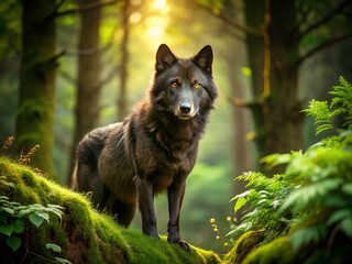 Fototapeta premium Captivating Portrait of a Majestic Black Wolf in Its Natural Habitat