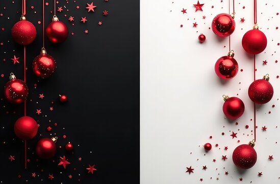 Black background and red balls on the left, white background and red balls on the right, New Year's festive atmosphere, top view, copy space