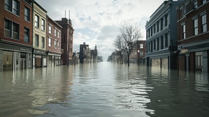 Fototapeta premium Floodwaters rising over a city street, with space for text in the open sky above.