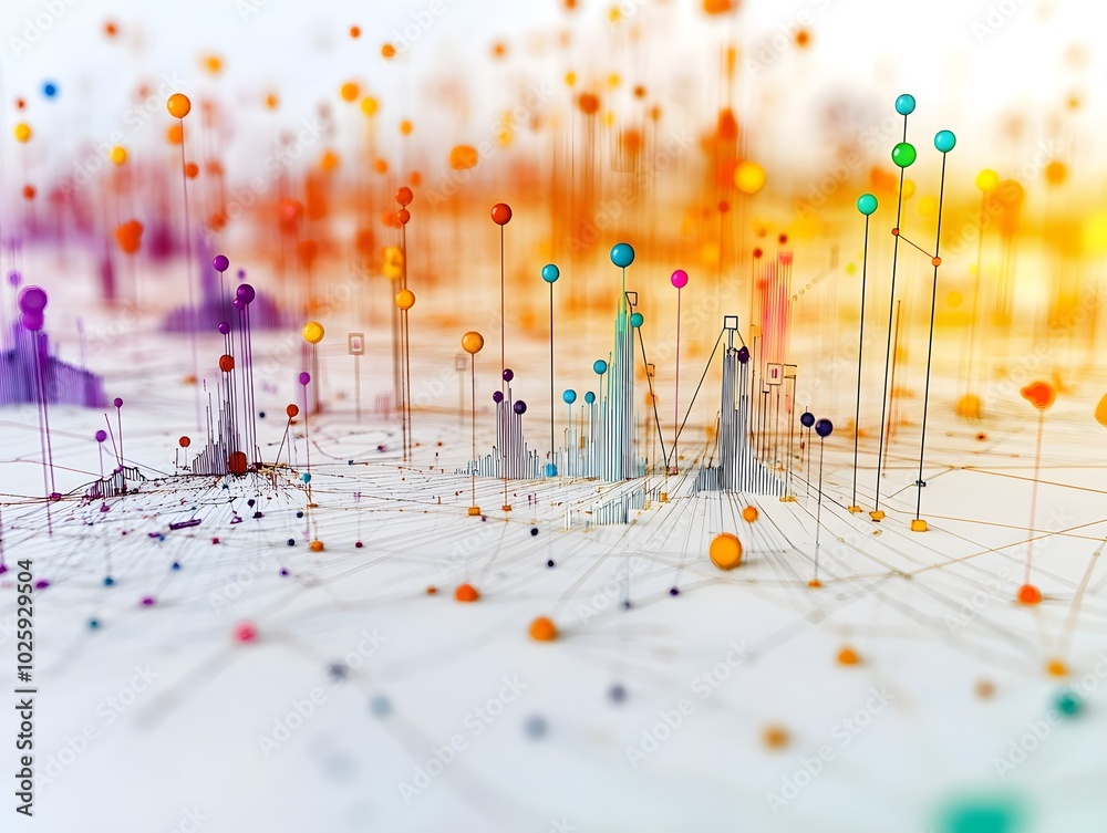 Poster abstract representation of data visualization, featuring colorful nodes and connections symbolizing 