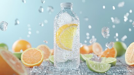 Refreshing Citrus Infused Water Bottle on Wooden Surface with Ice and Droplets - Summer Cool 8K Photo Realistic Image