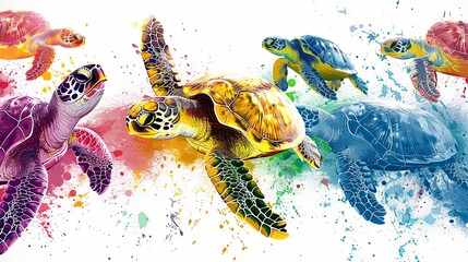 Coastal seamless vector repeat pattern with simple tonal color sea turtle silhouettes on white background in pink, yellow, green and blue. Beach, swim, poolside, kids, boys, gender neutral backdrop