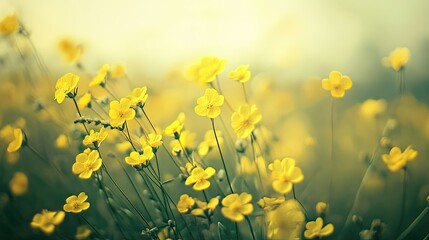 Fototapeta premium Scenic flower field with bright yellow rapeseed blossoms in Denmark, ample space for text.