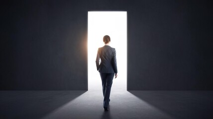 Obraz premium Business person walking towards light through an open door in a dark environment.