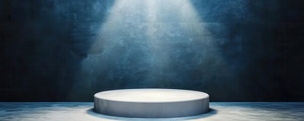 Virtual product launch room with holographic elements and glowing spotlights, futuristic unveiling, 3D illustration