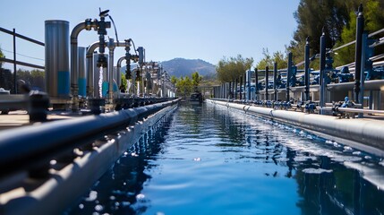 An industrial water treatment facility showcasing clear water flow and modern piping under a bright blue sky.