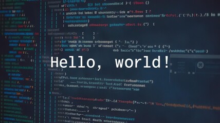 Code snippet displaying 'Hello, world!' in a programming environment.