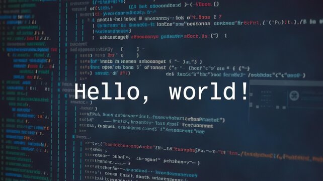 Code snippet displaying 'Hello, world!' in a programming environment.
