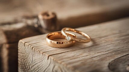 Two elegant rose gold wedding rings on a wooden surface.