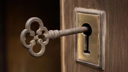 Obraz premium Antique key inserted into a vintage lock on a wooden door.