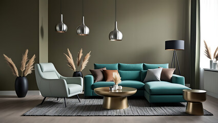 Modern luxury interiors designs. Empty painted wall.dark accent furniture and blank background.Bedroom interior trend 2024 year Modern luxury apricot room interior home designs