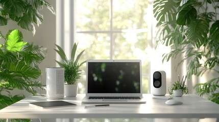 A serene workspace featuring a laptop, plants, and minimalist decor.