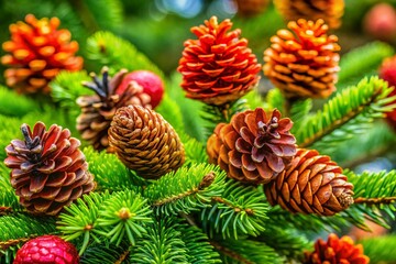 Fototapeta premium Pine Cones on Evergreen Tree Branches in Nature's Beautiful Green Landscape: A Perfect Symbol of Winter and Holiday