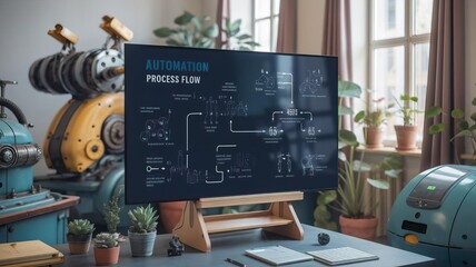 Modern workspace with automation process flow displayed on a screen.