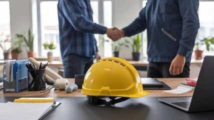 Construction workers shaking hands, safety helmet on table, office setting.