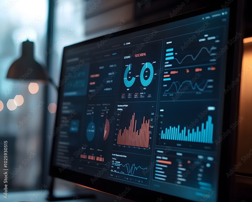  close-up of a modern computer screen displaying colorful data charts and analytics in a cozy workspa