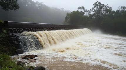 Water pouring over a small dam during a flood, with room for text in the background.