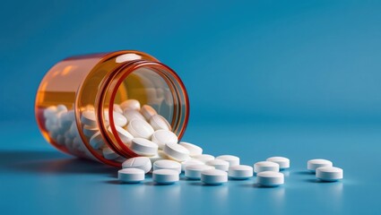 Orange pill bottle spilling white tablets on a blue background, perfect for pharmaceutical visuals