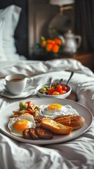 A cozy breakfast scene in a tranquil setting, featuring fried eggs, hash browns, coffee, fruit, and a teapot on a tray. Conveys comfort and leisure in a hotel or upscale home.
