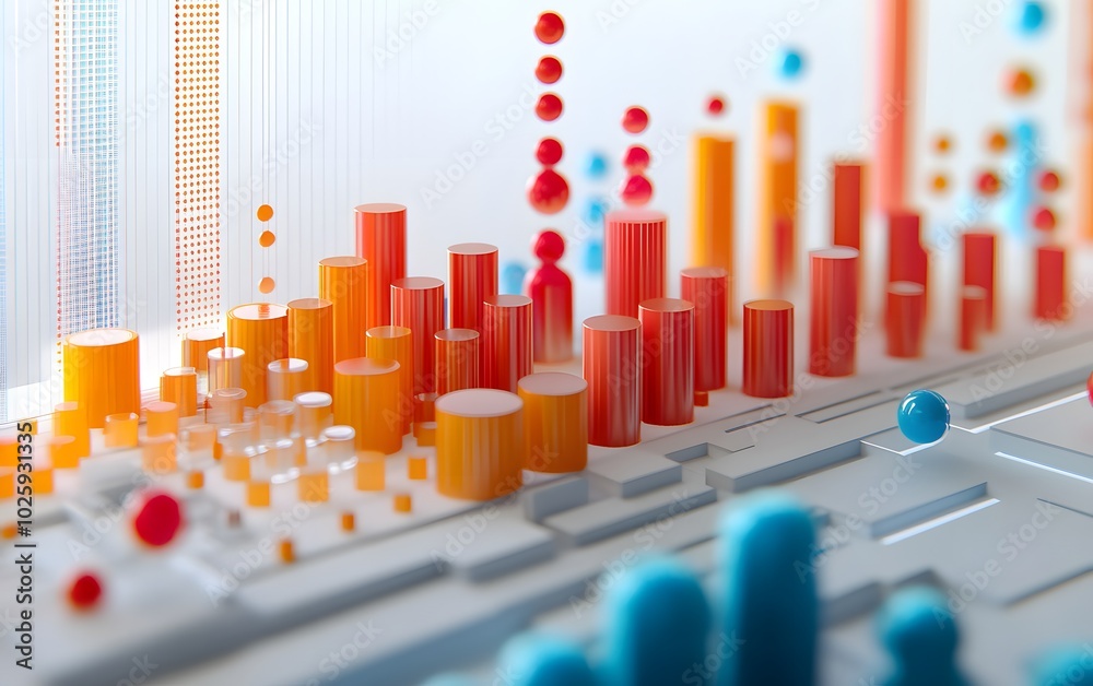 Poster colorful data visualization with bar graphs and dots representing statistics and trends in a modern 