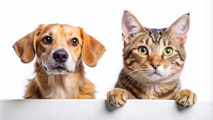 Cat and Dog Peeking Over Sign - Adorable Pets in Playful Pose for Stock Photos