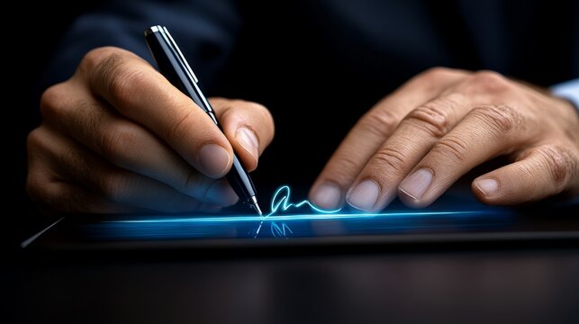 Digital Signature: A close-up shot of a hand signing a digital document on a tablet, highlighting the modern and secure nature of electronic signatures.