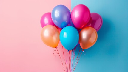 Colorful balloons in various hues create a festive atmosphere against a blue-to-pink background. Arrangement and lighting enhance a three-dimensional look, balancing composition.