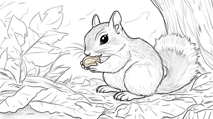 A chubby chipmunk munching on a nut, surrounded by a simple tree and leaf background, small patches of grass around, bold lines, low details, no shading,