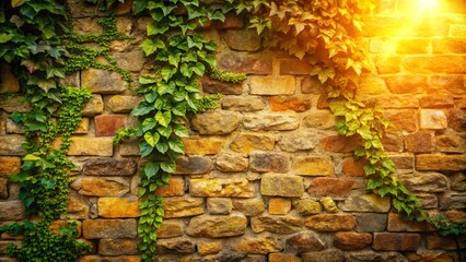 Sunlight Illuminating a Stone Wall Covered in Lush Green Ivy