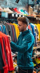 Man in blue jacket browsing colorful t-shirts in sports store. Vibrant atmosphere with sports items, highlighted by right-side lighting on yellow background.
