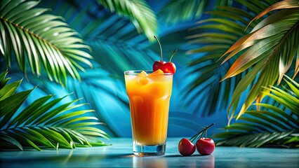 Fototapeta premium Enjoy a vibrant summer with refreshing orange juice, beautifully garnished with cherries and palm leaves, set against a serene blue and cream backdrop. Perfectly delightful!