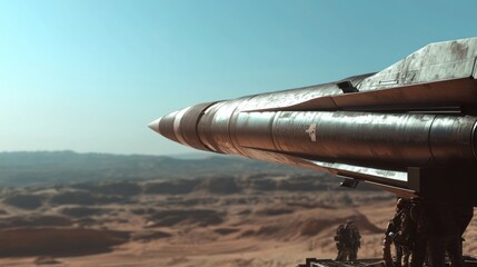 A missile positioned in a desert landscape, suggesting military or technological themes.