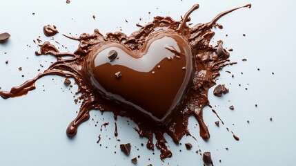 Flat lay of a heartshaped liquid chocolate splash dripping elegantly on a pristine white background perfect for Valentines Day Rich chocolate tones against the clean backdrop