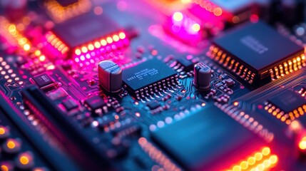 Fototapeta premium Close up of computer motherboard with lights, complexity of modern electronics 