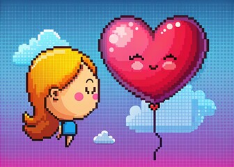 Obraz premium Pixel Art Heart Balloon Emoji for Valentine's Day Stickers and Apparel