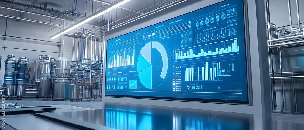 Poster high-tech digital dashboard displaying analytics and statistics in a modern industrial setting.