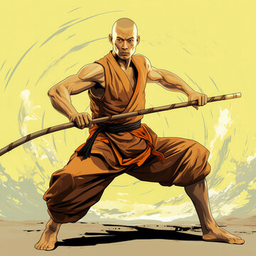 A powerful illustration of a martial artist monk in a dynamic battle stance, holding a staff, ready for action, set against a minimal background