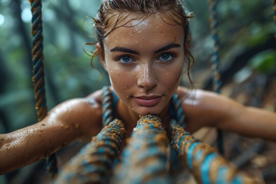 Dynamic portrait of a sportswoman conquering a rope climb in an obstacle course race challenge