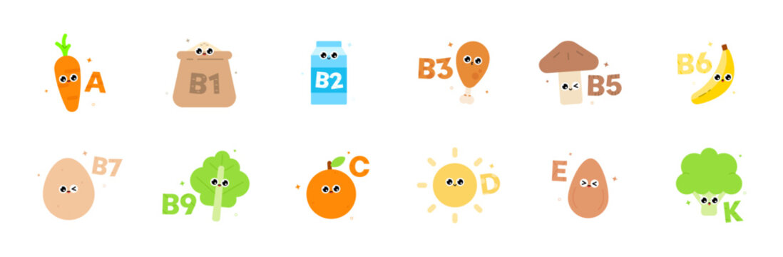 Flat Illustrations of Key Vitamins A to K