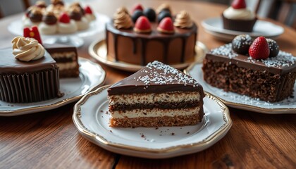 cakes and chocolates on a wooden table