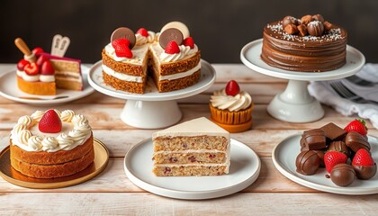 cakes and chocolates on a wooden table